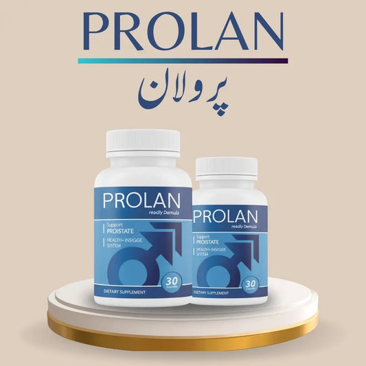 Prolan prostate health dietary supplement bottles on display stand for men’s urinary and prostate support