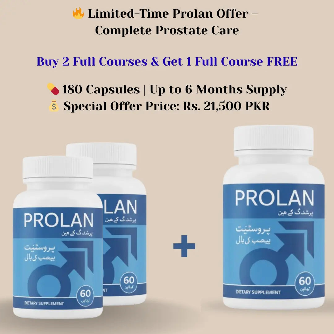 Prolan dietary supplement bottles with promotional text on a beige background